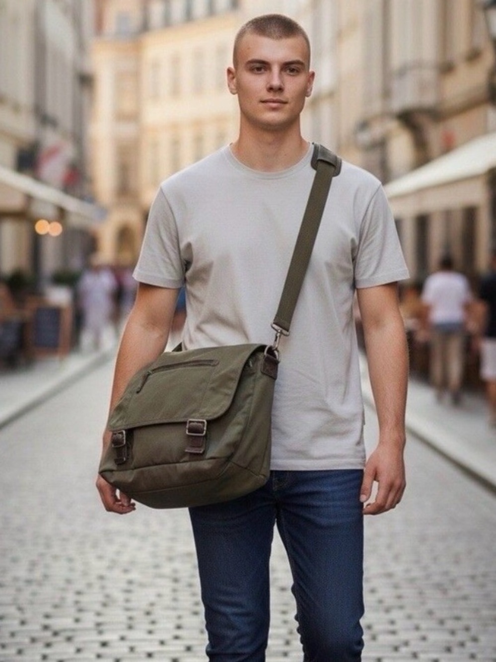 Banana Republic Olive Green Nylon Brown Leather Laptop Bag Messenger Briefcase